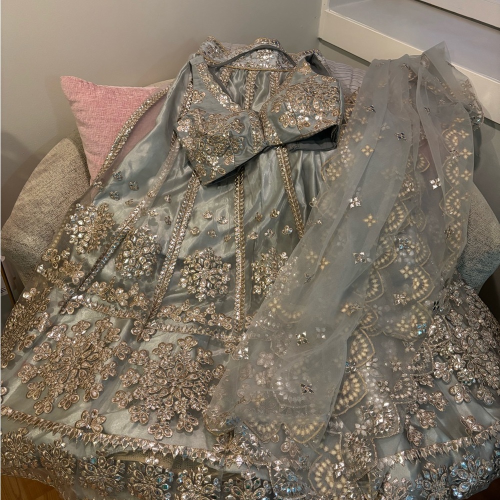 Elegant Embellished Lehenga with Sheer Overlay- silver and gold